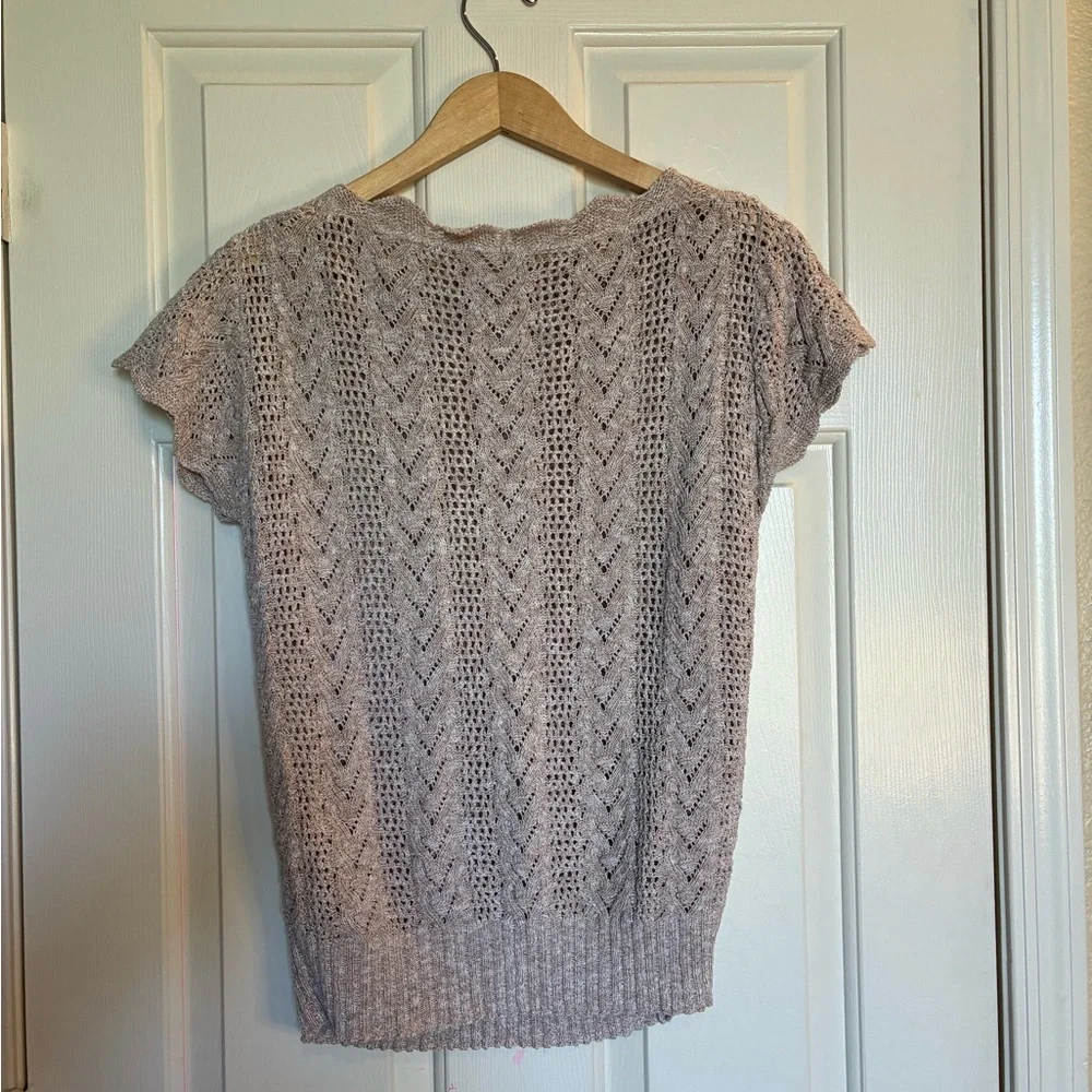 Light Beige Open-Knit Short Sleeve Top - Picture 2 of 4